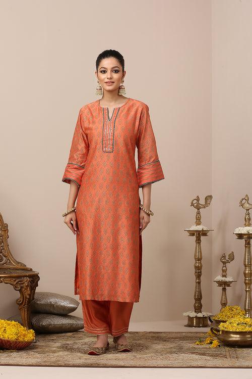 Orange Chanderi Silk Khari Printed Designer Kurta Set of 3