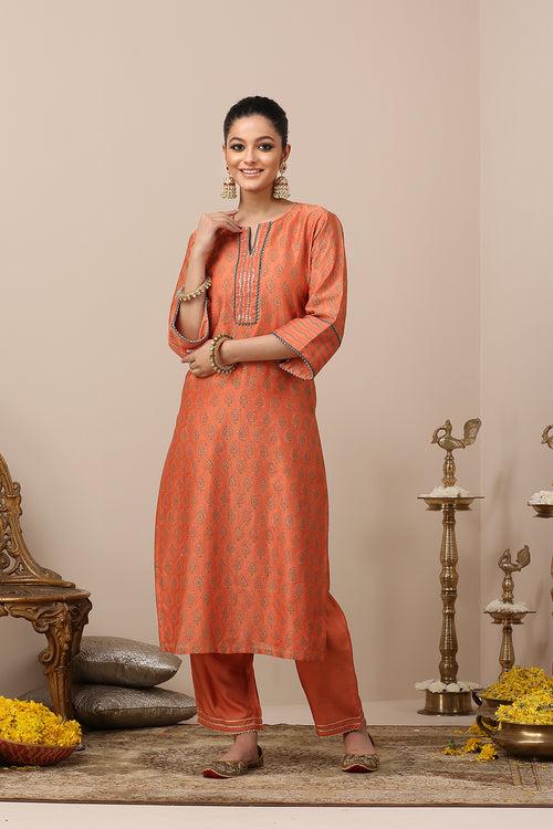 Orange Chanderi Silk Khari Printed Designer Kurta Set of 3