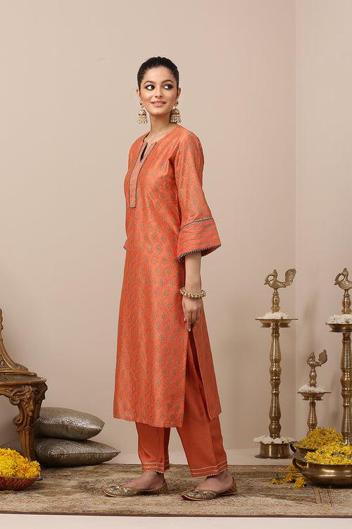 Orange Chanderi Silk Khari Printed Designer Kurta Set of 3