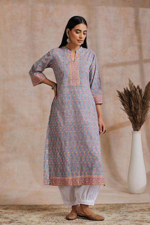 Grey / Pink Hand Block Printed Kurta