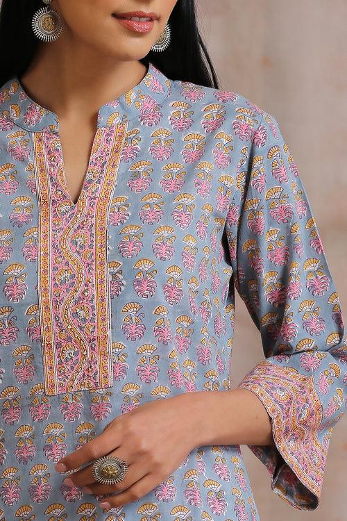 Grey / Pink Hand Block Printed Kurta