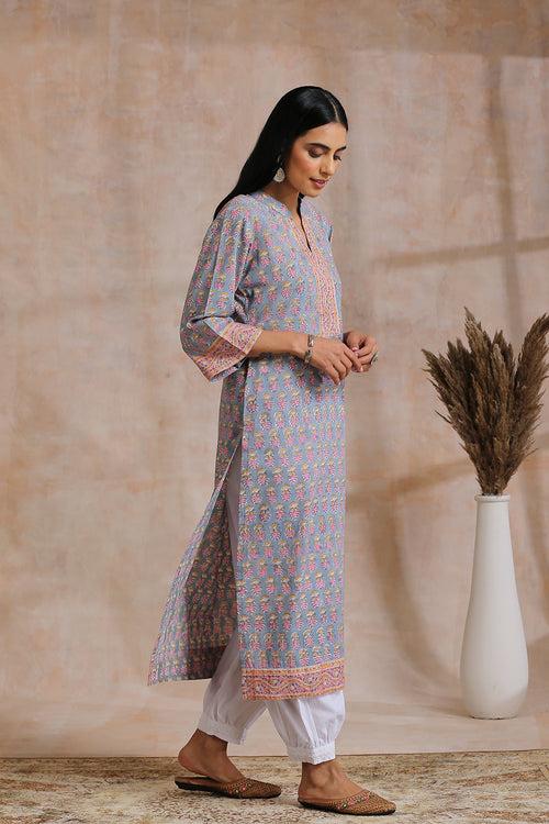 Grey / Pink Hand Block Printed Kurta