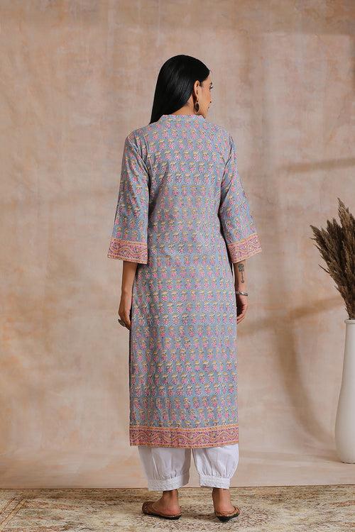 Grey / Pink Hand Block Printed Kurta