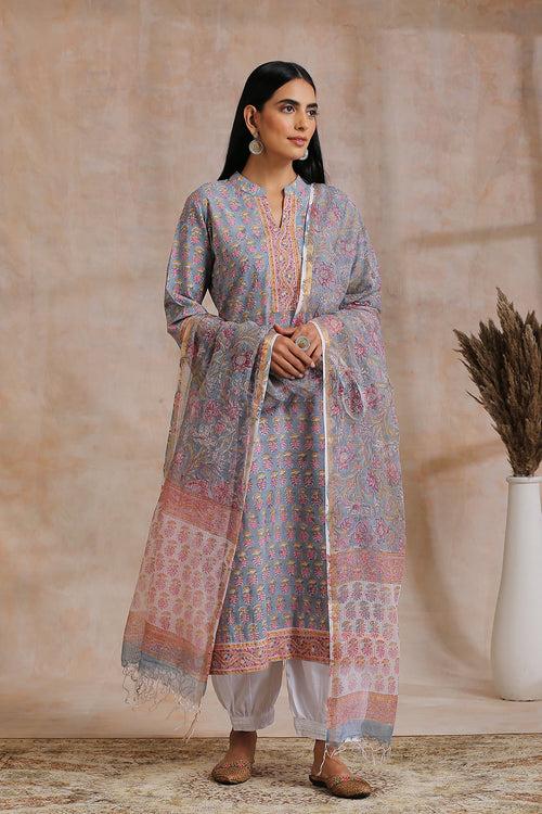 Grey / Pink Hand Block Printed Kurta