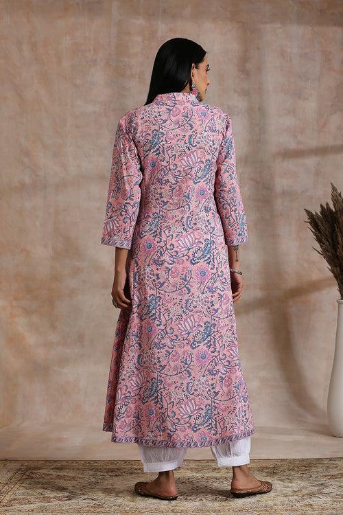 Pink Hand Block Printed Angrakha Kurta