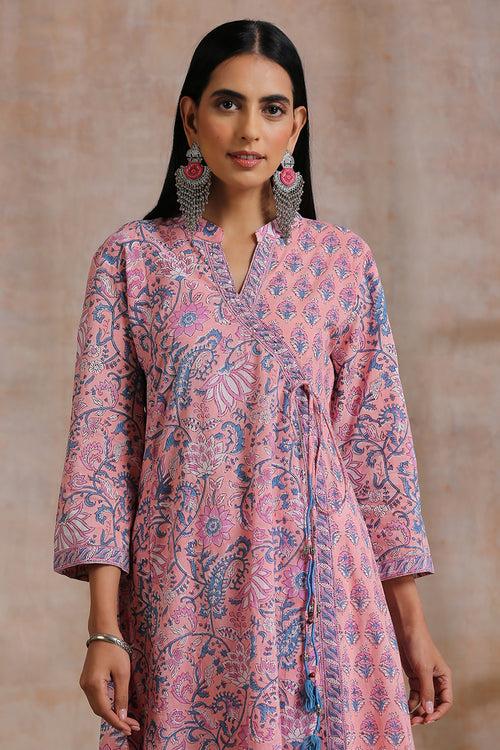 Pink Hand Block Printed Angrakha Kurta