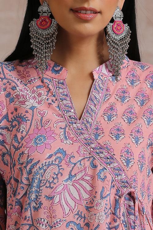 Pink Hand Block Printed Angrakha Kurta