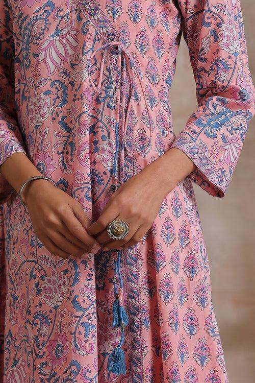 Pink Hand Block Printed Angrakha Kurta