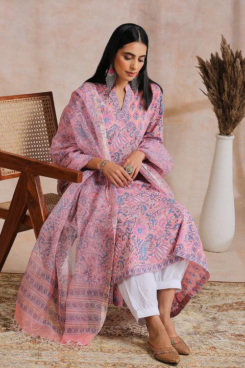 Pink Hand Block Printed Angrakha Kurta