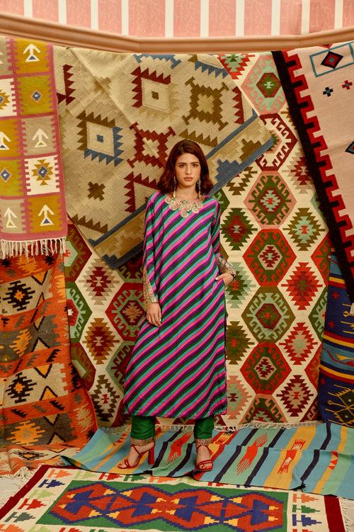 Multi-colour indi-leheriya straight kurta, pants and dupatta set