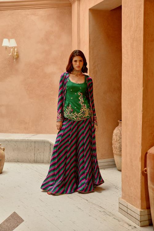 Multi color Indie-leheriya magzi kali jacket and sharara with heritage kurti.