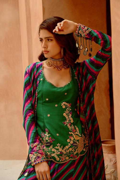 Multi color Indie-leheriya magzi kali jacket and sharara with heritage kurti.