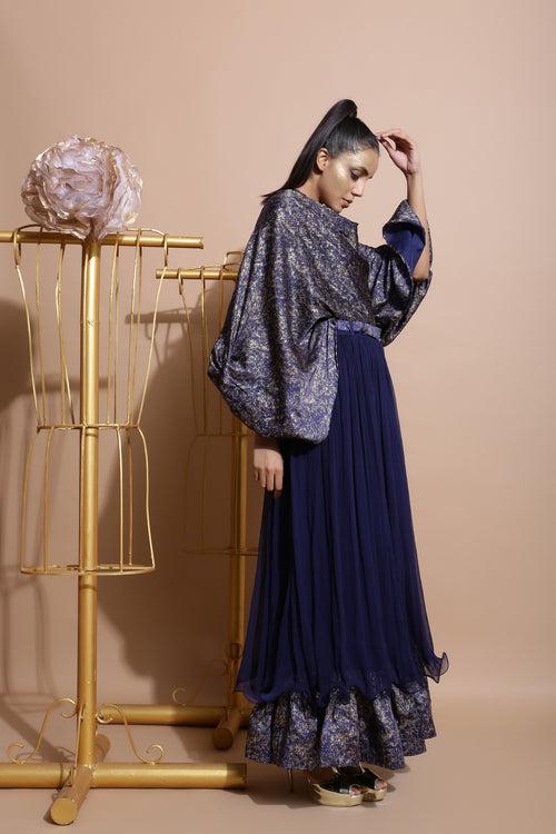 Navy splash balloon sleeve cape top and double layered skirt set