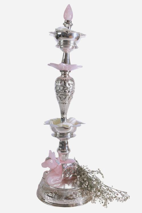 Lotus Double Tier Samay (Kerala Diya) with Rose Quartz Nandi/ Cow