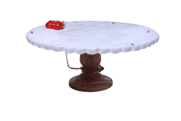 Scalloped White Marble cake stand with Ladybug