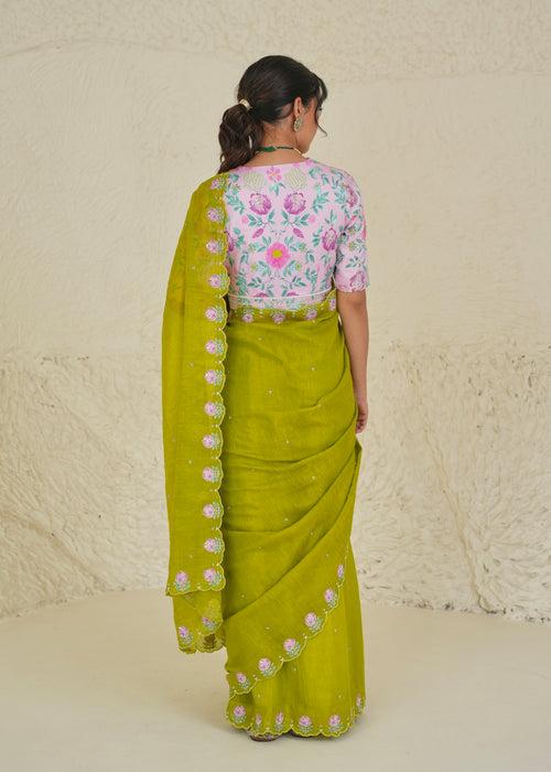 Ichika Tissue Saree Blouse Set - Lime Green