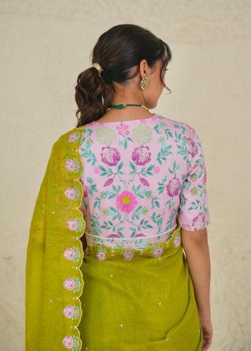 Ichika Tissue Saree Blouse Set - Lime Green