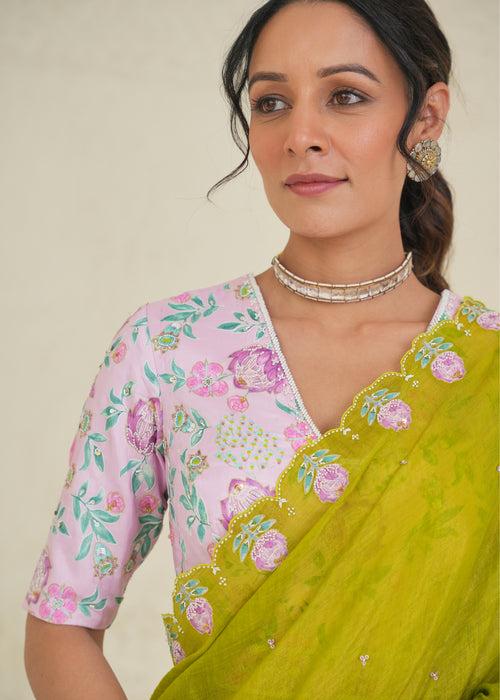 Ichika Tissue Saree Blouse Set - Lime Green