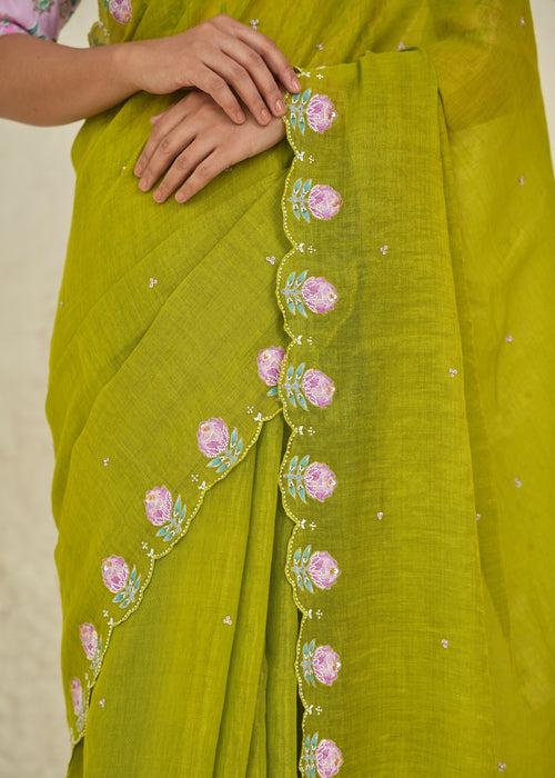 Ichika Tissue Saree Blouse Set - Lime Green