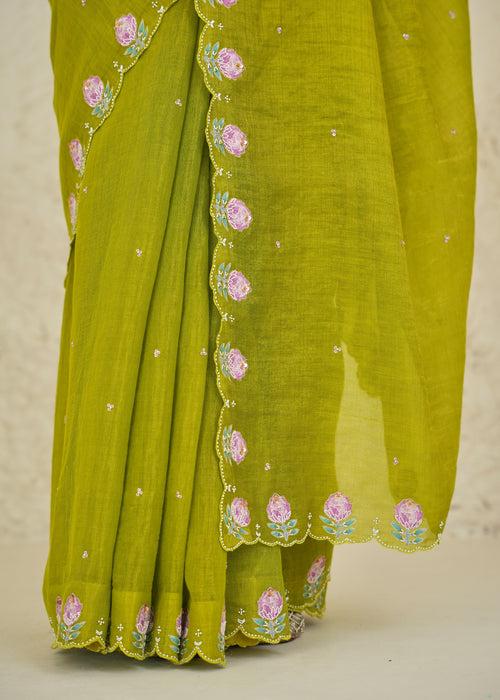 Ichika Tissue Saree Blouse Set - Lime Green