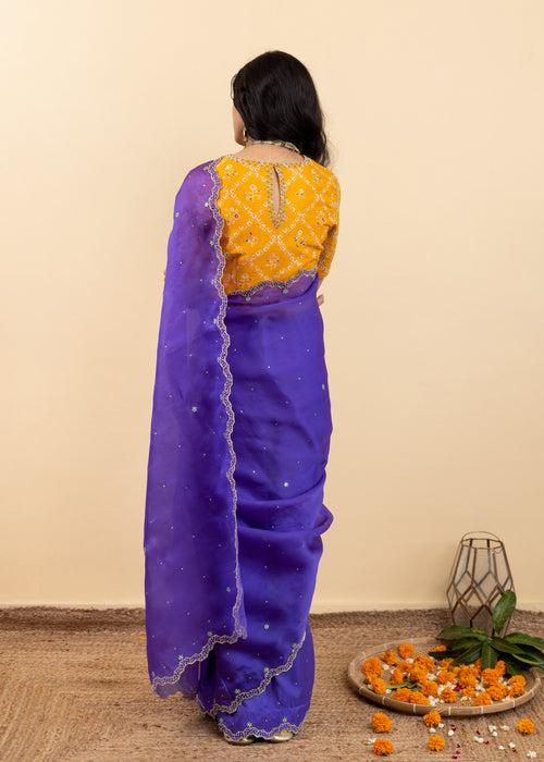 Soha Cutwork Saree Mango Yellow Chokor Blouse Set - Royal Purple