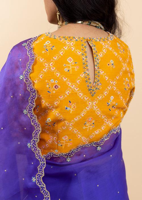 Soha Cutwork Saree Mango Yellow Chokor Blouse Set - Royal Purple