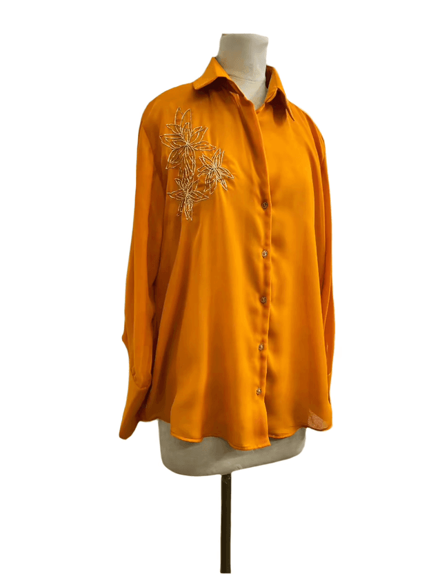 Tan orange Georgette shirt with Dabka Flower