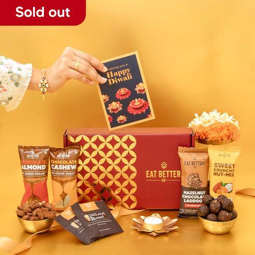 Jashn Diwali Gift Hamper 8-Item Combo with Chocolate Coated Nuts & Dry-Fruit Laddoos