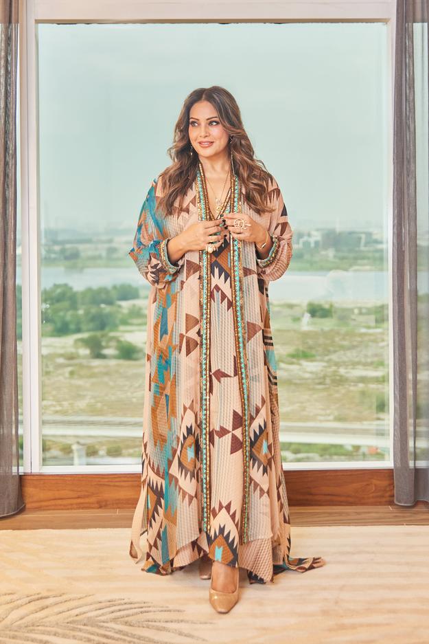 Bipasha Basu in Tan Tapis Print Dress with Hand Thread Embellishments