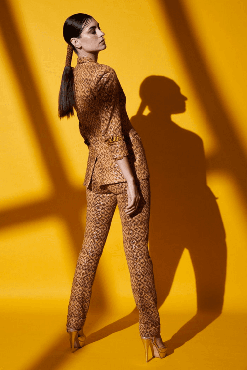 Sequin Sheeted Beige-Brown Basket Weave Print Blazer & Pants