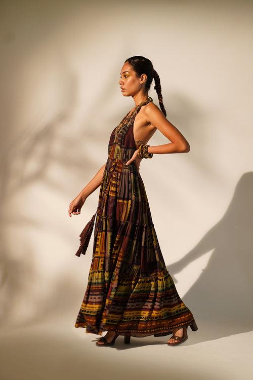 Multicolour Abstract Print Maxi  With Hand Baroque In Metallic Embellishment