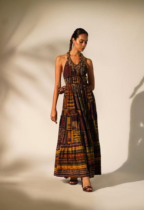 Multicolour Abstract Print Maxi  With Hand Baroque In Metallic Embellishment