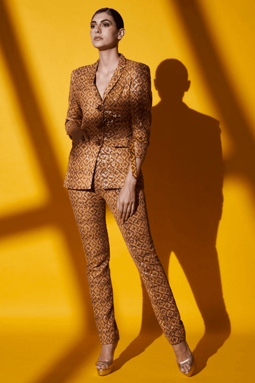 Sequin Sheeted Beige-Brown Basket Weave Print Blazer & Pants