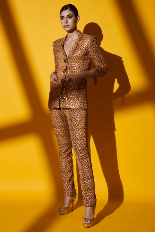 Sequin Sheeted Beige-Brown Basket Weave Print Blazer & Pants