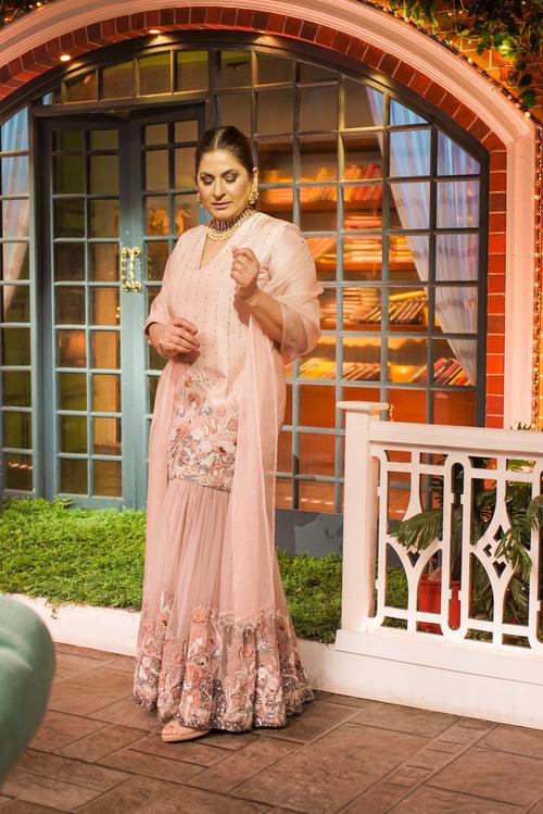 Archana Puran Singh In Blush Pink Pewter Hand Embellished Maxi & Dupatta