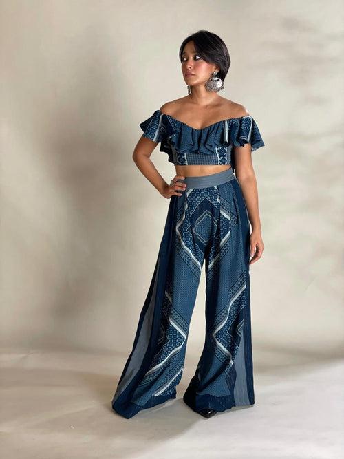 Sayani Gupta in Indigo Blue Tile Print Ruffle Crop Blouson & Box Pleated Pant