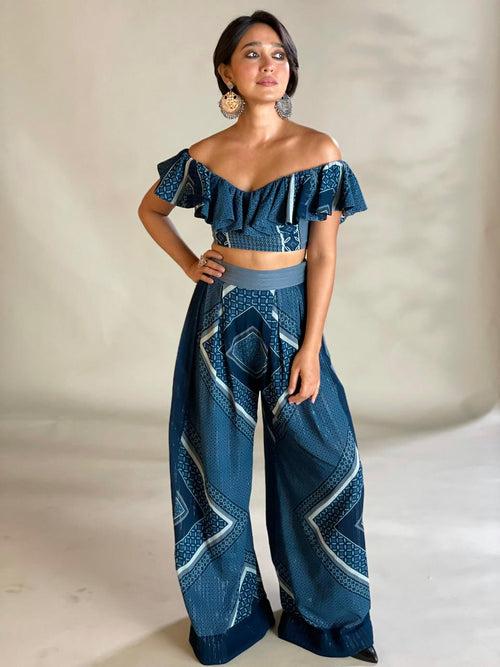 Sayani Gupta in Indigo Blue Tile Print Ruffle Crop Blouson & Box Pleated Pant