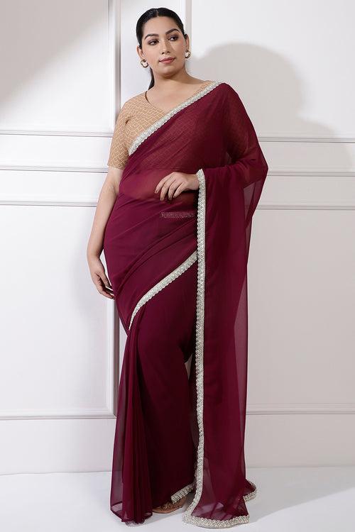 Plus Size Maroon Gota Patti Readymade Party Saree