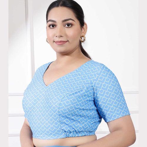 Plus Size Blue Print Readymade Blouse