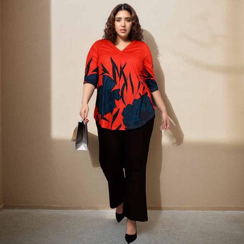 Red Teal Print Plus Size Top