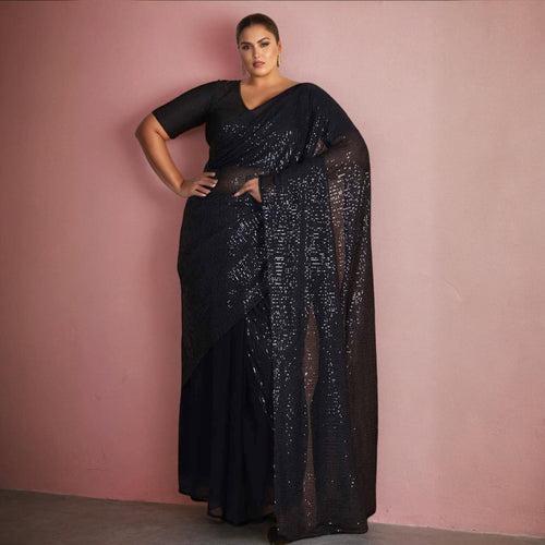 Plus Size Navy Sequence Readymade Party Saree