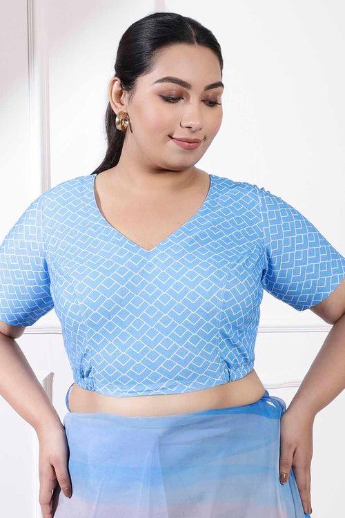 Plus Size Blue Print Readymade Blouse