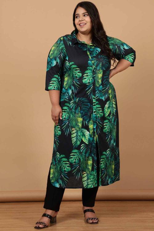 Plus Size Midnight Tropical Printed Kurta Cum Shrug