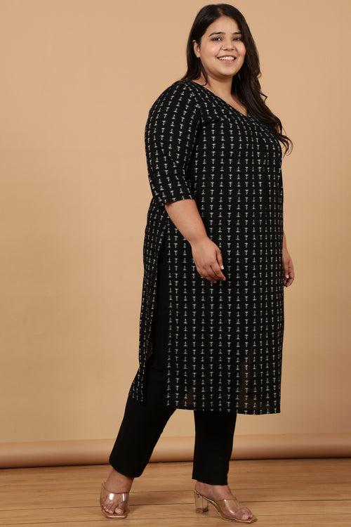 Black Linear Printed Cotton Kurta