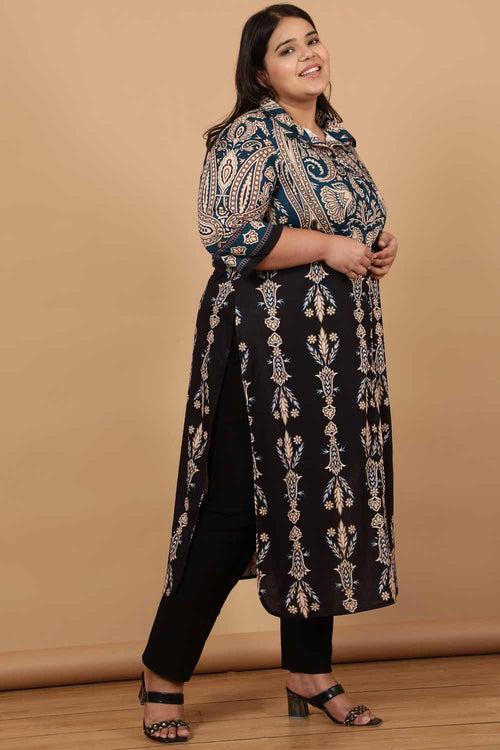 Plus Size Black Luxe Ethnic Print Kurta Cum Shrug