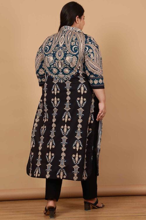 Plus Size Black Luxe Ethnic Print Kurta Cum Shrug