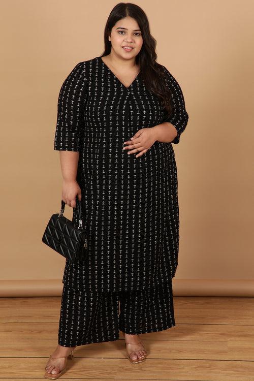 Black Linear Printed Cotton Kurta