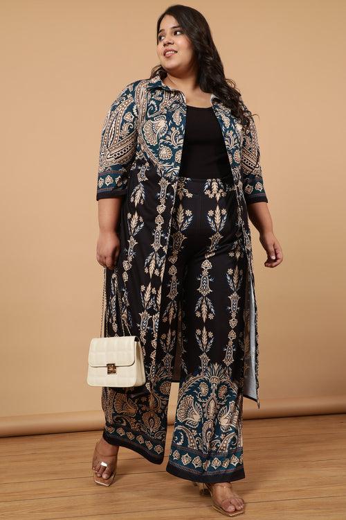 Plus Size Black Luxe Ethnic Print Kurta Cum Shrug