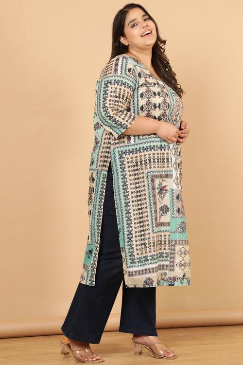 Green White Ethnic Scarf Print Cotton Kurta