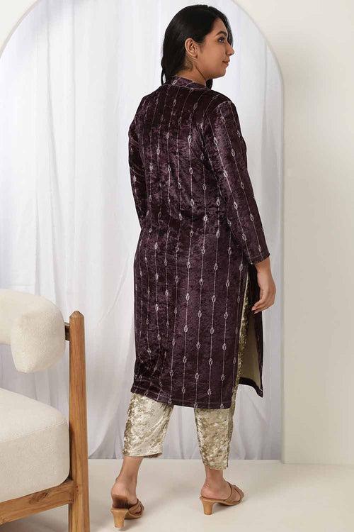 Purple V Neck Velvet Kurta